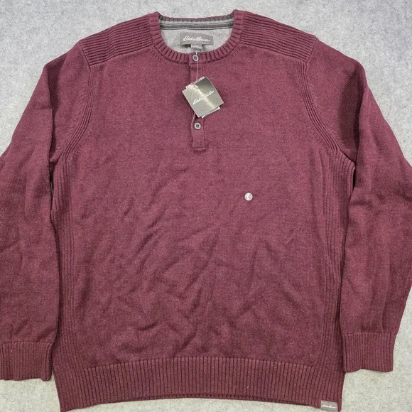 Eddie Bauer Sweater Mens Large Red 100% Cotton Henley Knit Crew Neck Pullover - Picture 3 of 13